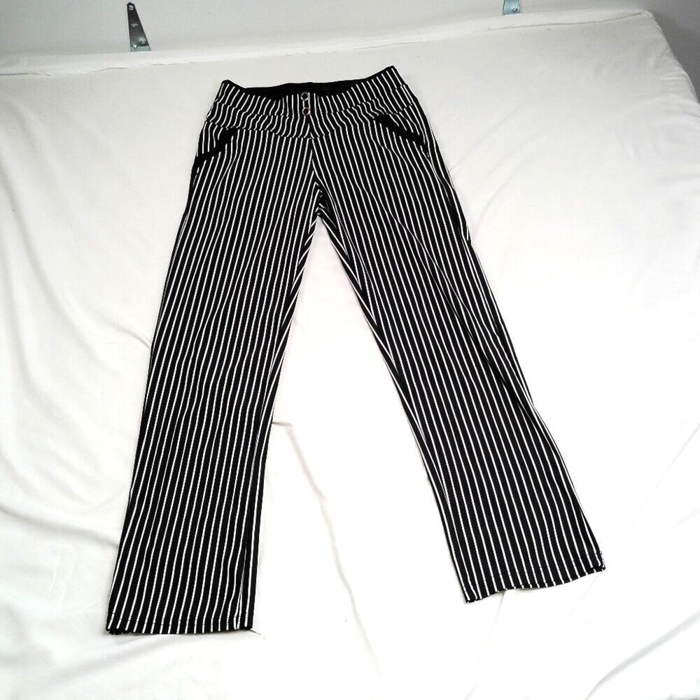 Lemite Women’s Black White Pinstripe Pants Size M Pull-On Straight Leg